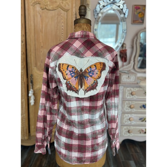 Vintage Pink Plaid Butterfly Patch Flannel S - Picture 5 of 7